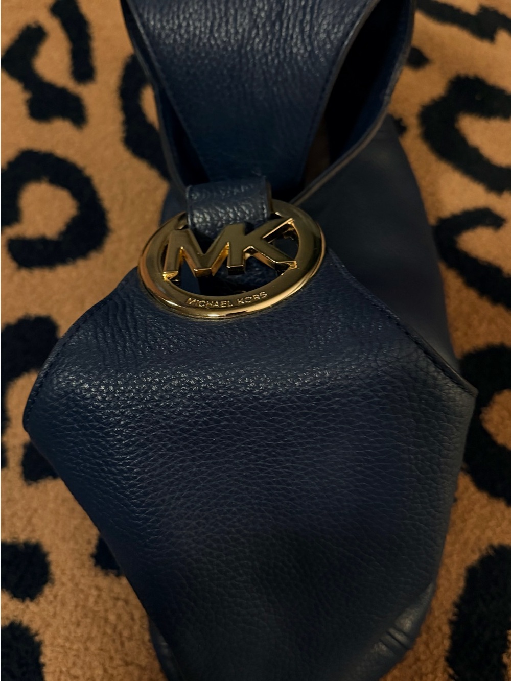 Michael Kors Navy Pebbled Leather Shoulder Bag with Gold MK Charm
